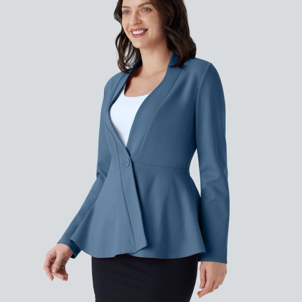 NWT SculptKnit V Neck Single Front Work Peplum Jacket Stellar Blue Small